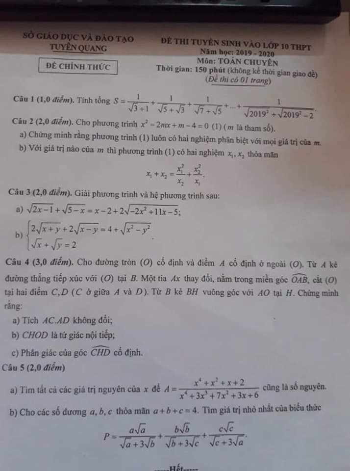 Đề thi vào 10 môn Toán tỉnh Tuyên Quang năm 2019-2020