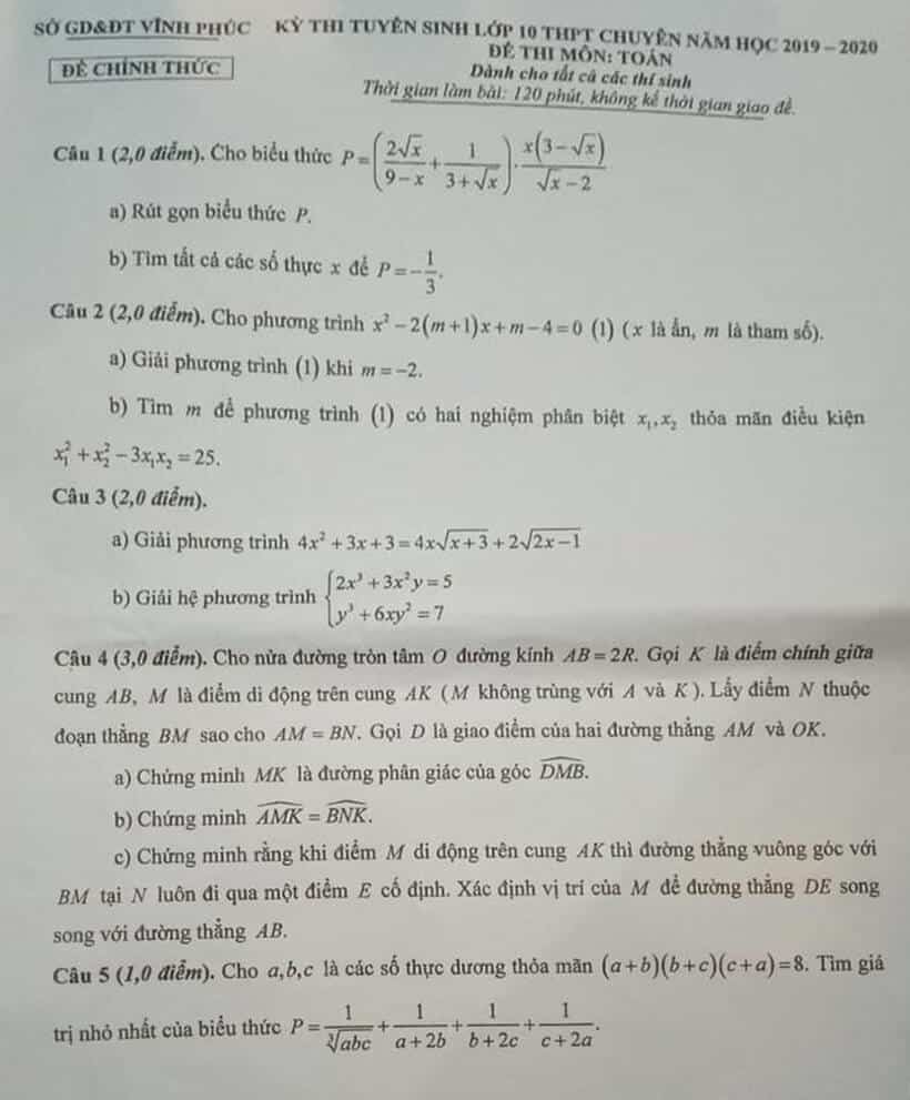 Đề thi vào 10 môn Toán tỉnh Vĩnh Phúc năm 2019-2020
