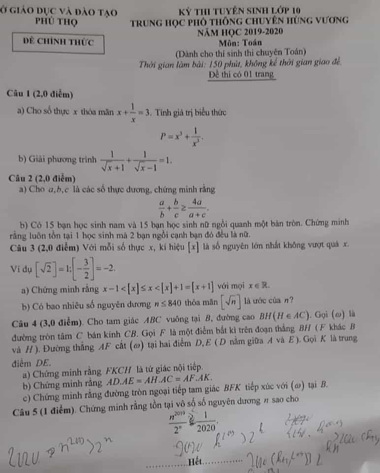 Đề thi vào lớp 10 chuyên Toán THPT chuyên Hùng Vương năm 2019-2020