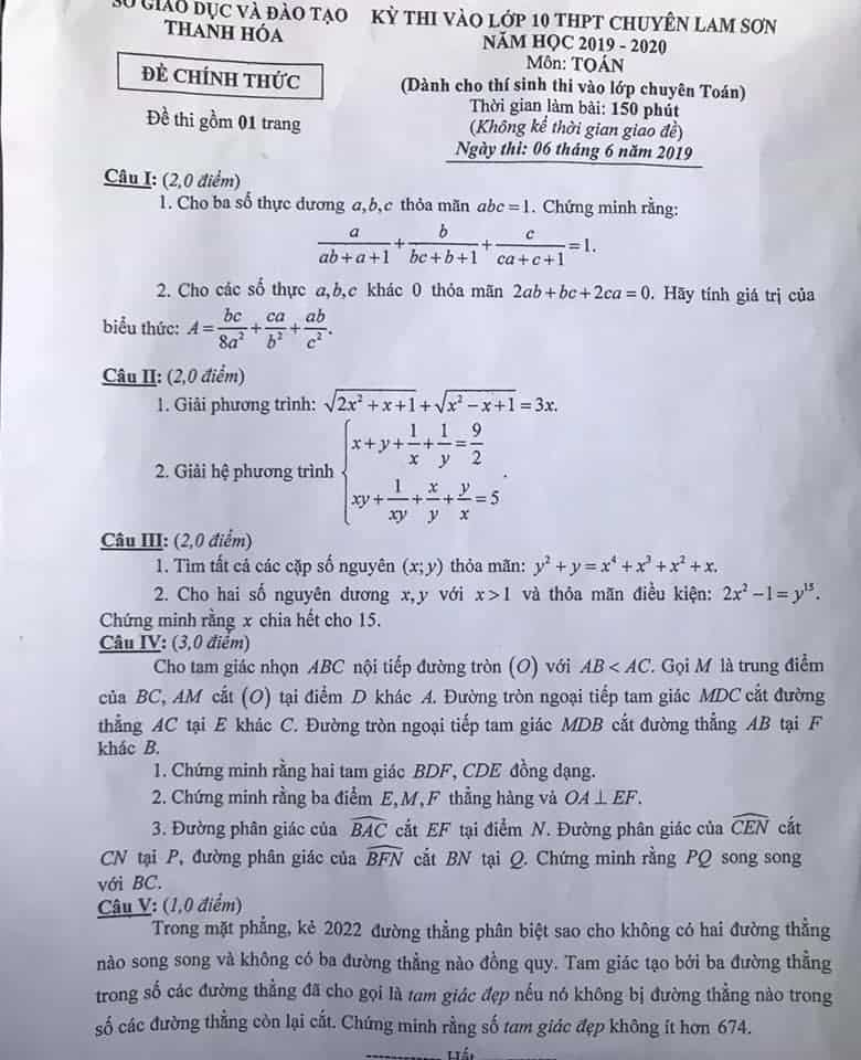Đề thi vào lớp 10 chuyên Toán THPT chuyên Lam Sơn năm 2019-2020