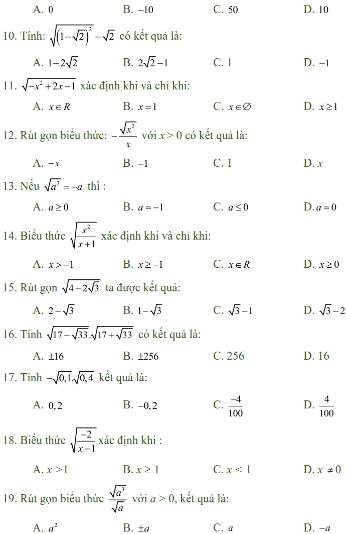 Bài tập trắc nghiệm điều kiện xác định của biểu thức, căn thức - Toán lớp 9-1