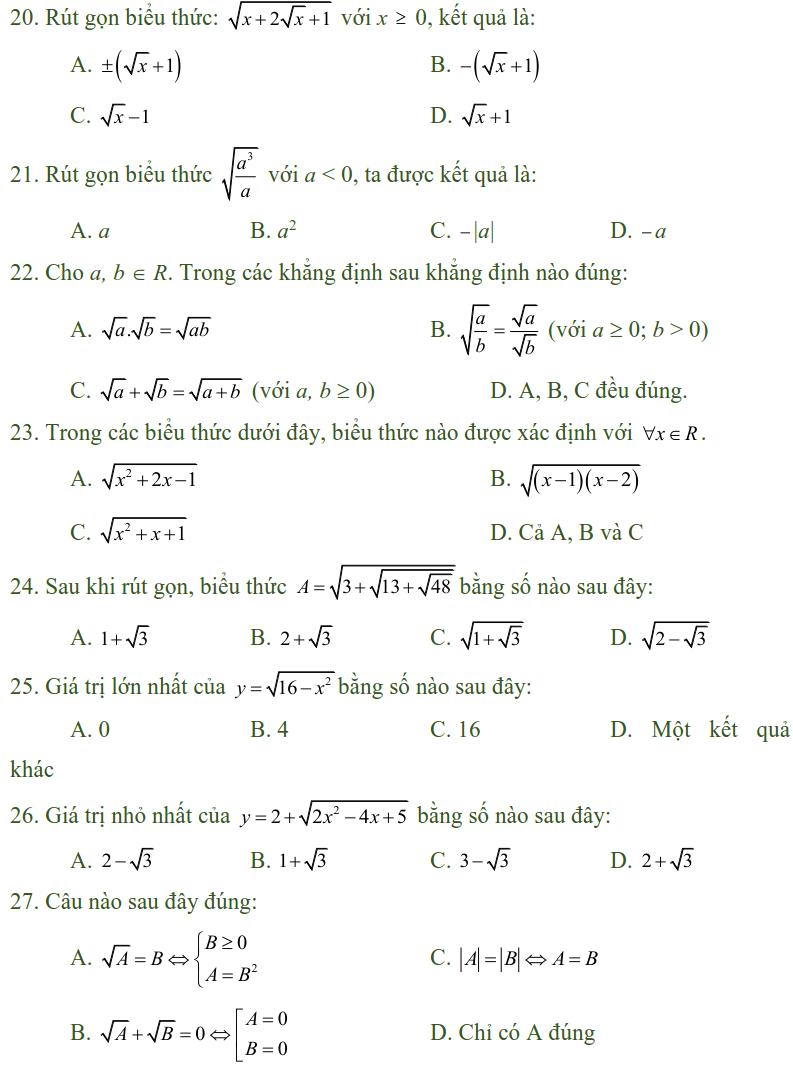 Bài tập trắc nghiệm điều kiện xác định của biểu thức, căn thức - Toán lớp 9-2