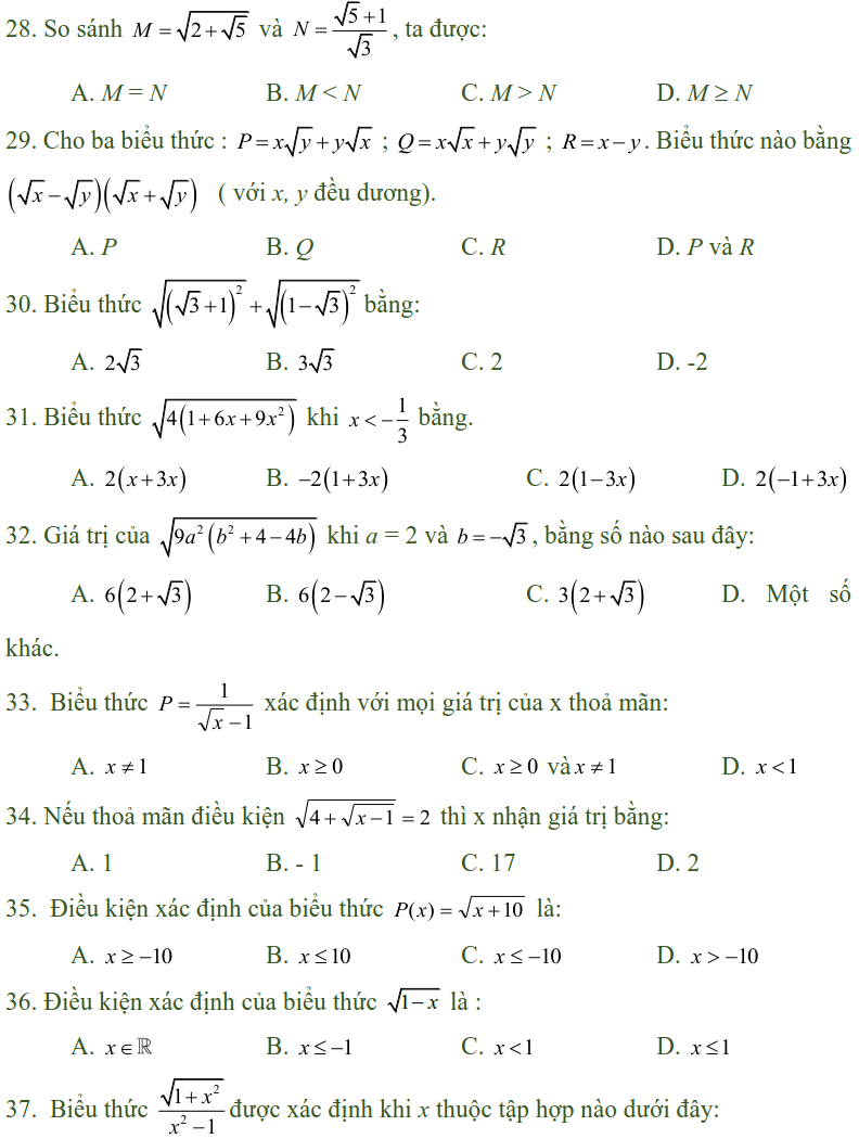 Bài tập trắc nghiệm điều kiện xác định của biểu thức, căn thức - Toán lớp 9-3