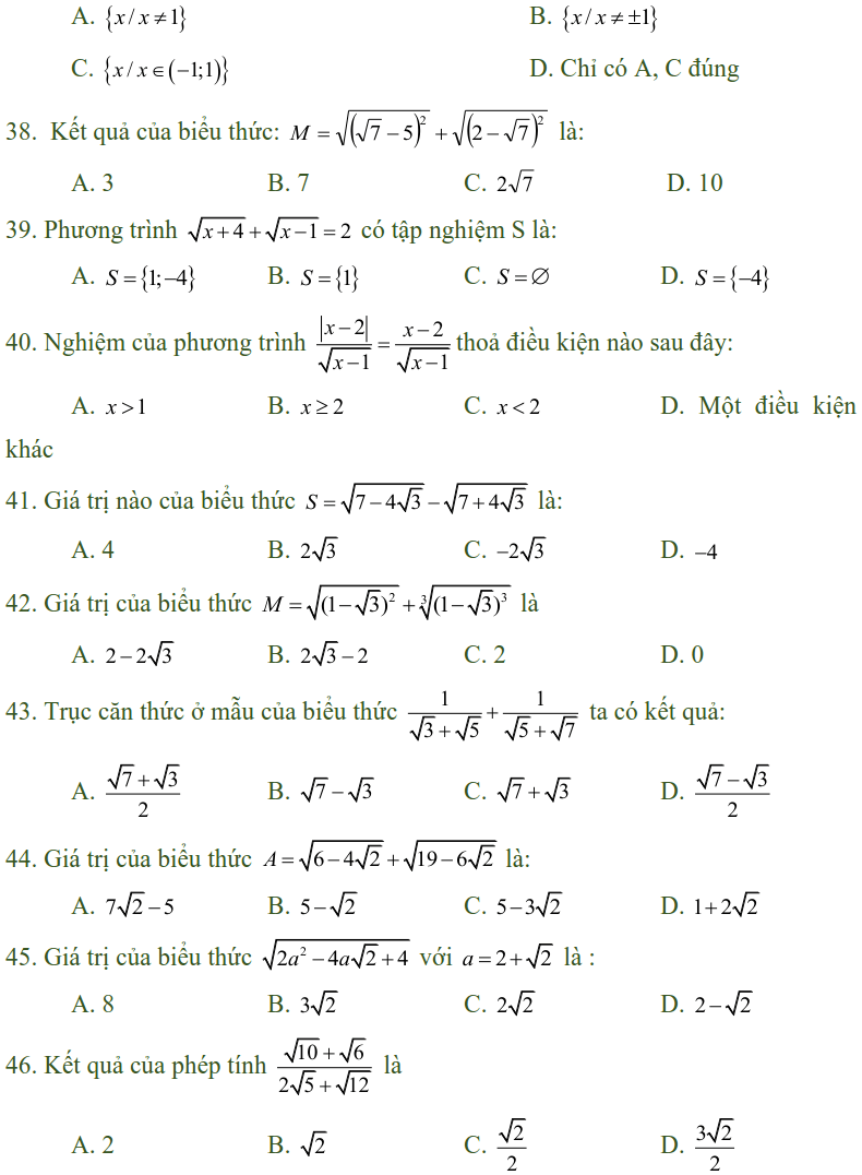 Bài tập trắc nghiệm điều kiện xác định của biểu thức, căn thức - Toán lớp 9-4