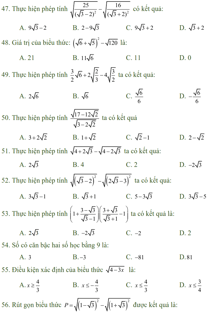 Bài tập trắc nghiệm điều kiện xác định của biểu thức, căn thức - Toán lớp 9-5