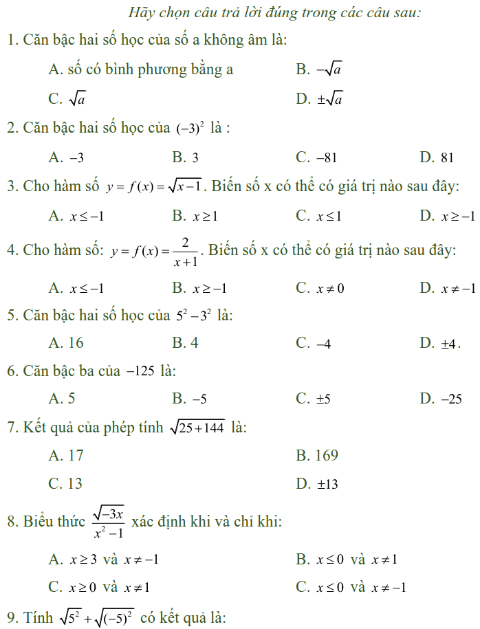 Bài tập trắc nghiệm điều kiện xác định của biểu thức, căn thức - Toán lớp 9