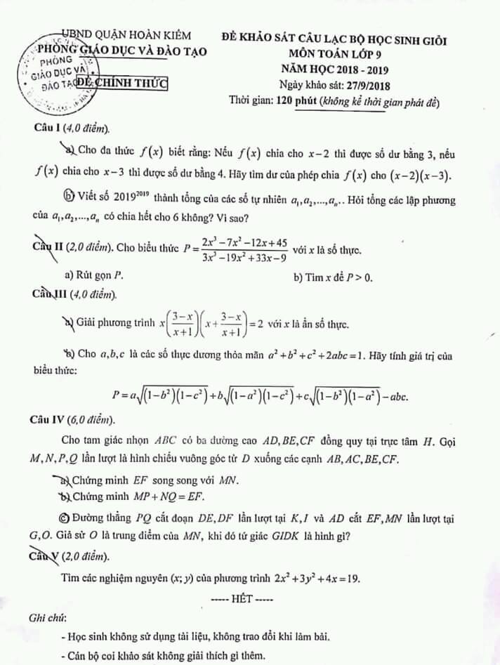 Đề khảo sát câu lạc bộ HSG môn Toán 9 quận Hoàn Kiếm 2018-2019
