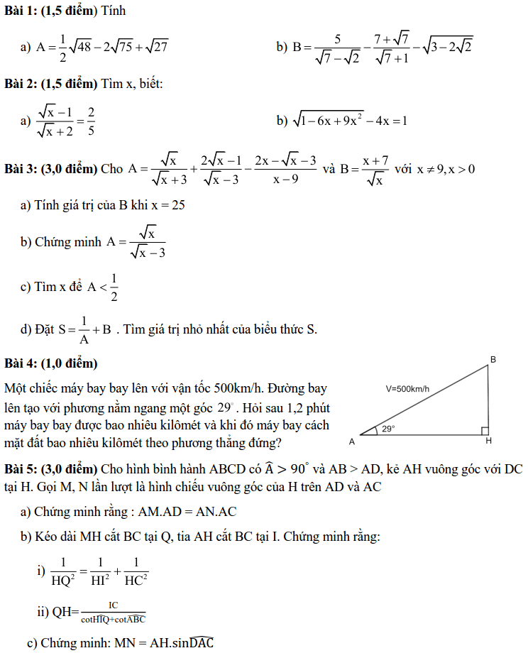 Đề kiểm tra 45 phút chương 1 môn Toán 9 THCS Ngô Sĩ Liên 2019-2020