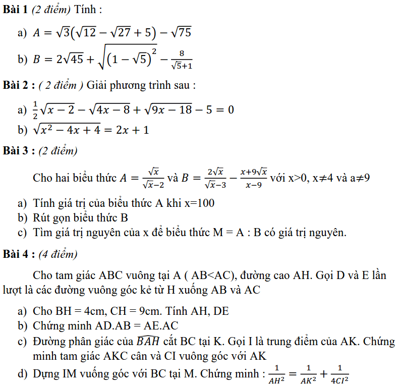 Đề kiểm tra giữa HK1 môn Toán 9 huyện Đan Phượng 2019-2020