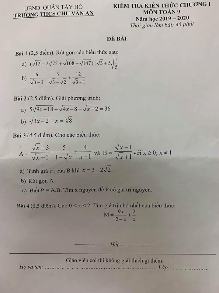 Đề kiểm tra kiến thức chương 1 môn Toán 9 THCS Chu Văn An 2018-2019