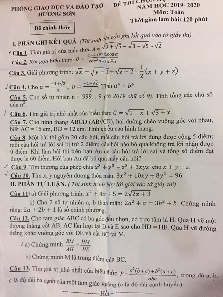 Đề thi chọn HSG Toán 9 huyện Hương Sơn 2019-2020