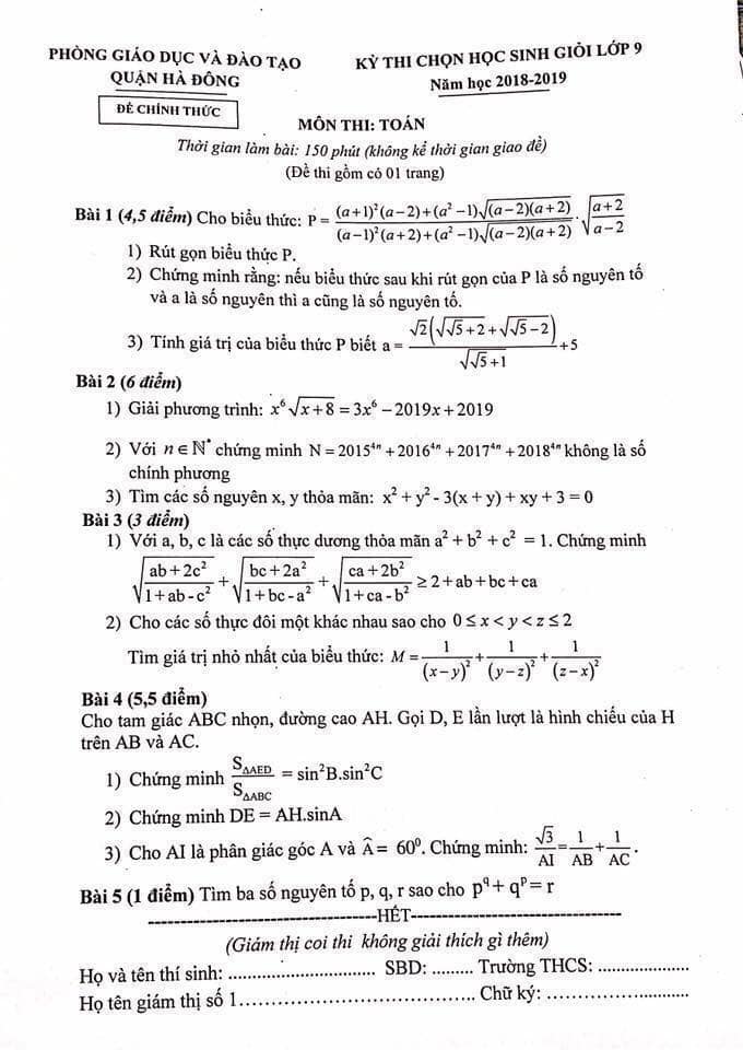 Đề thi HSG môn Toán lớp 9 quận Hà Đông 2018-2019