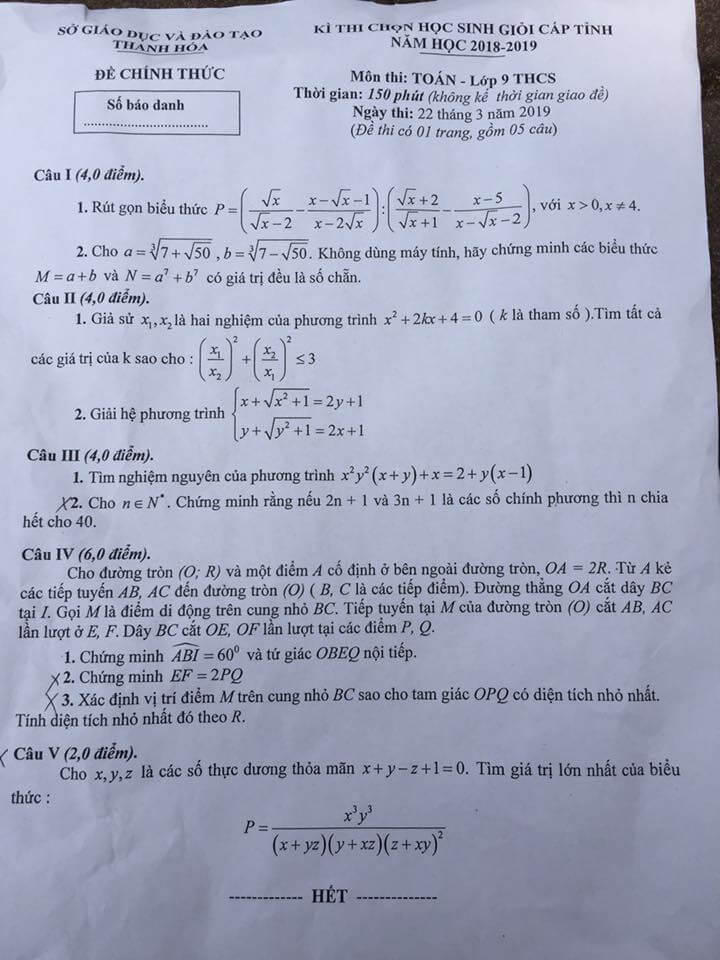 Đề thi HSG môn Toán lớp 9 tỉnh Thanh Hóa năm học 2018-2019