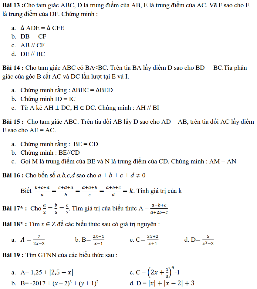 Đề cương ôn tập HK1 môn Toán 7 THCS Vinschool 2019-2020-2