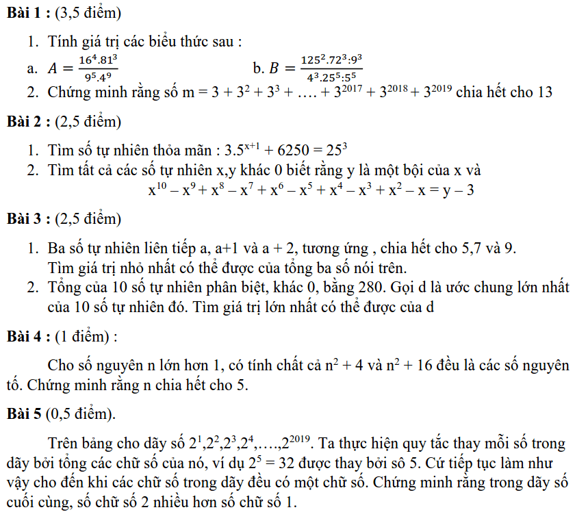 Đề kiểm tra chất lượng HK1 môn Toán 6 THPT chuyên Hà Nội - Amsterdam 2019-2020