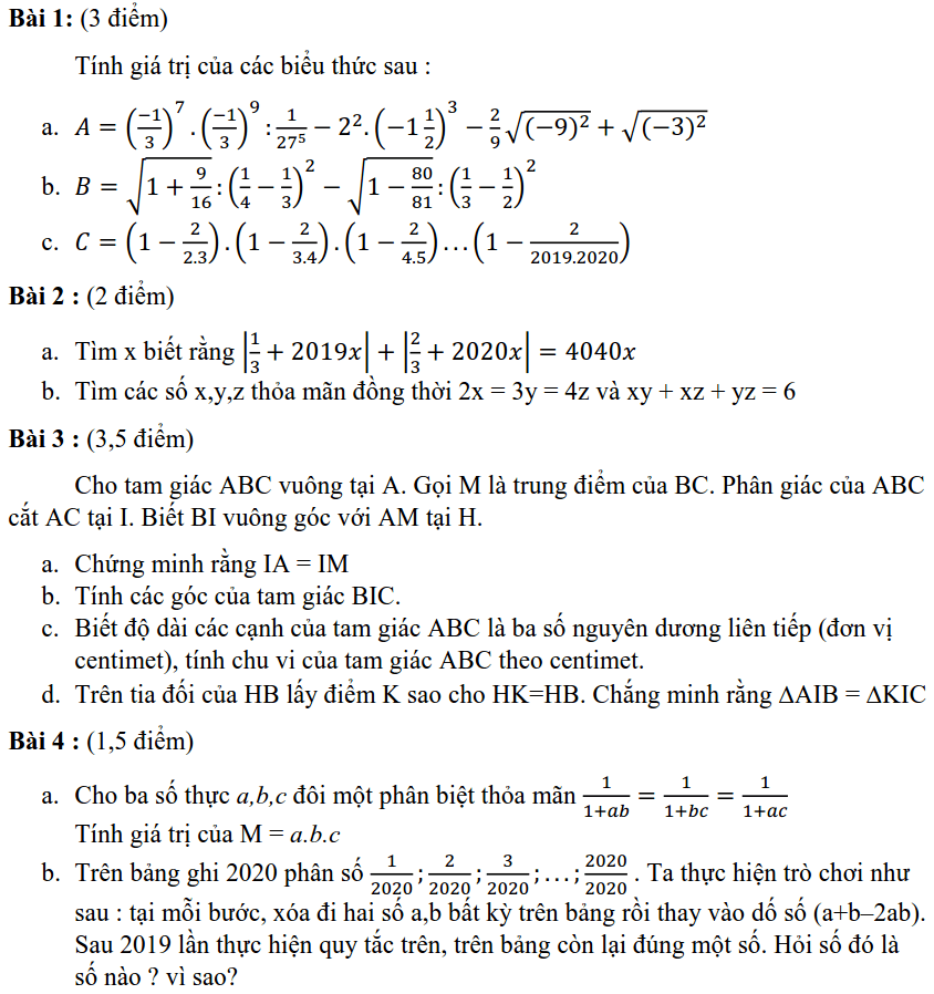 Đề kiểm tra chất lượng HK1 môn Toán 7 THPT chuyên Hà Nội - Amsterdam 2019-2020