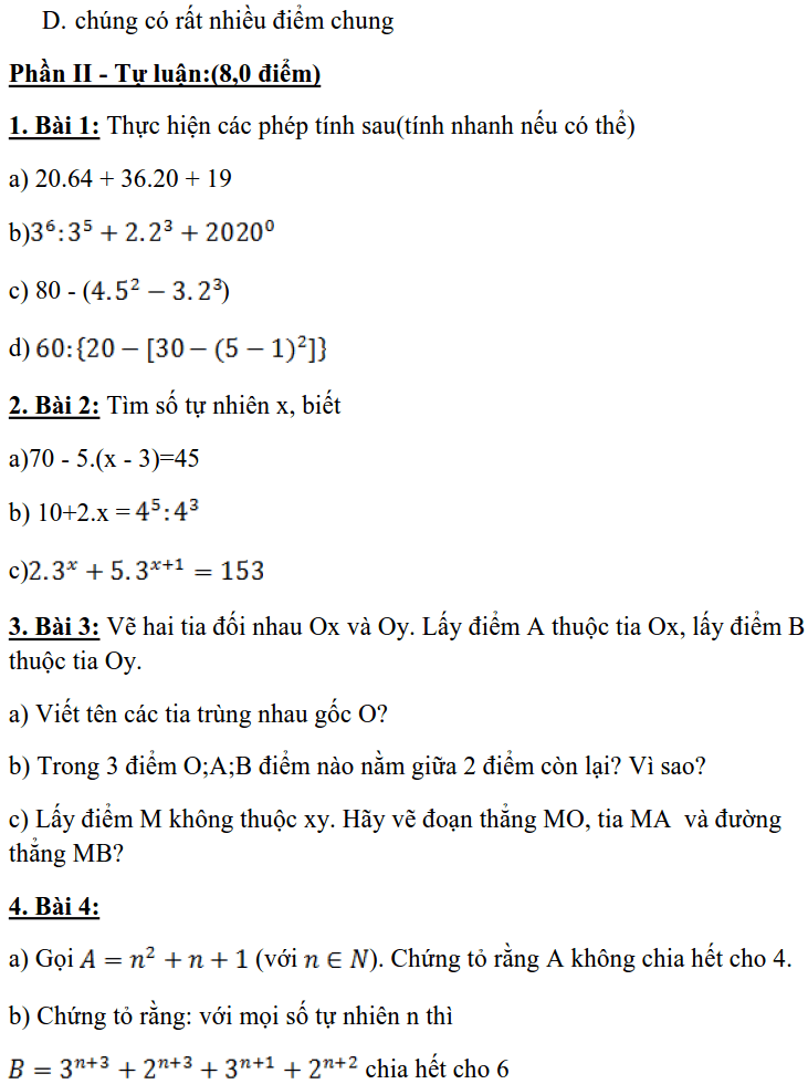 Đề kiểm tra giữa HK1 môn Toán 6 THCS Lương Thế Vinh 2019-2020-1