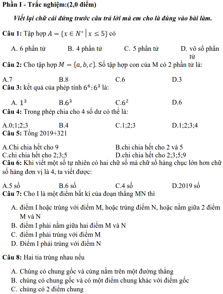 Đề kiểm tra giữa HK1 môn Toán 6 THCS Lương Thế Vinh 2019-2020