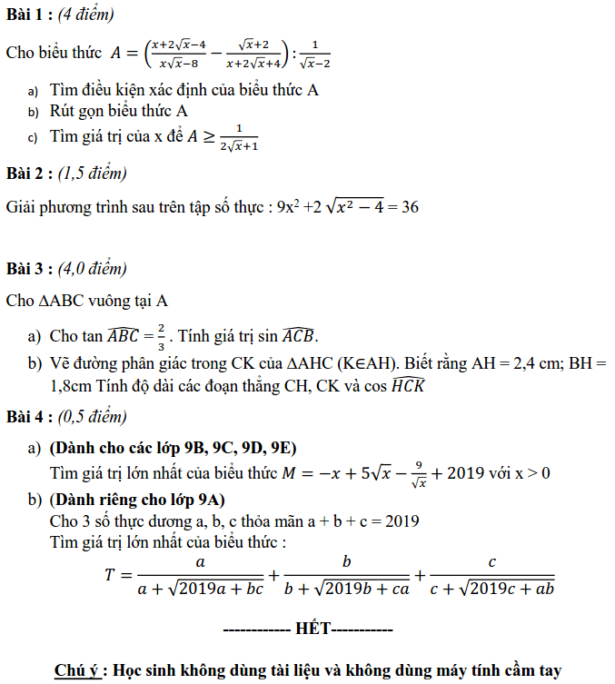Đề kiểm tra giữa HK1 môn Toán 9 chuyên Hà Nội Amsterdam 2018-2019