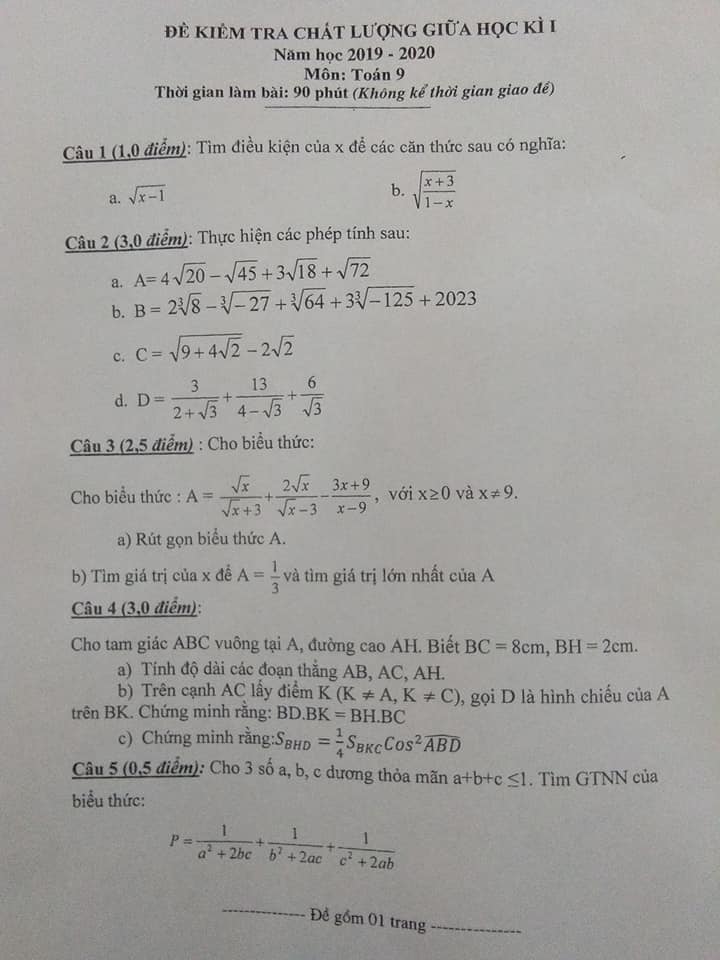 Đề KTCL giữa HK1 môn Toán 8 huyện Yên Phong 2019-2020