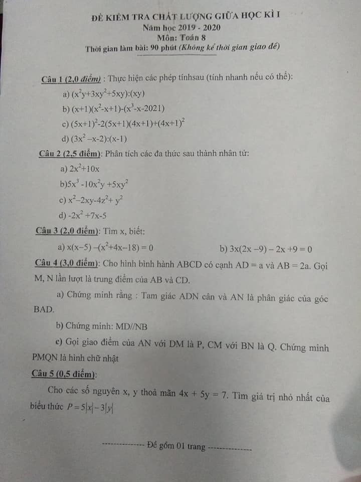 Đề KTCL giữa HK1 môn Toán 9 huyện Yên Phong 2019-2020