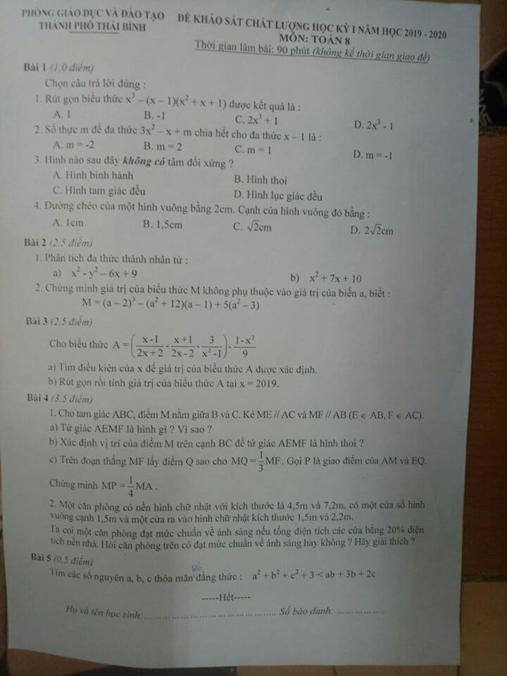 Đề khảo sát chất lượng HK1 môn Toán 8 TP Thái Bình 2019-2020