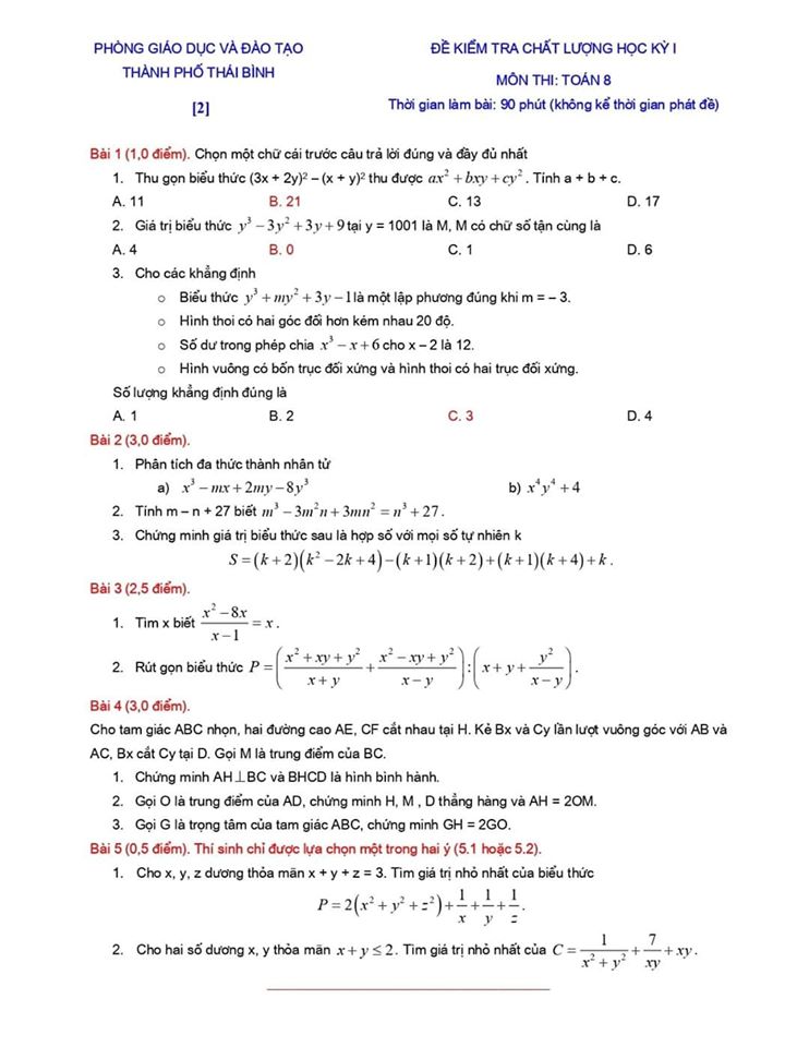 Đề kiểm tra chất lượng HK1 môn Toán 8 TP Thái Bình 2019-2020-1