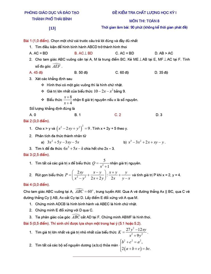 Đề kiểm tra chất lượng HK1 môn Toán 8 TP Thái Bình 2019-2020-12