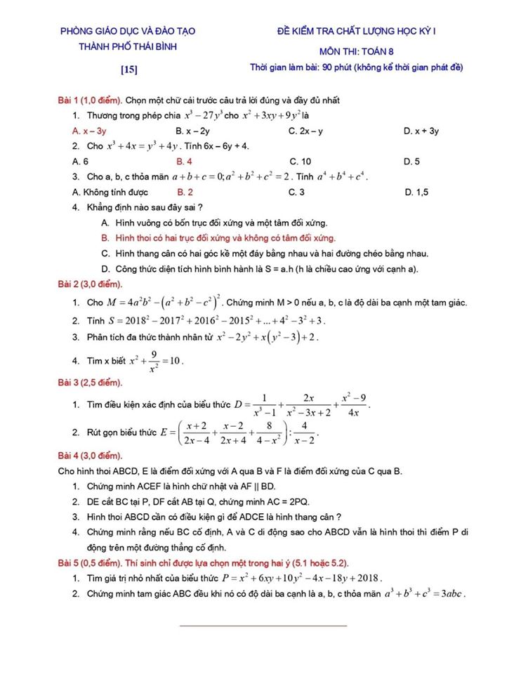 Đề kiểm tra chất lượng HK1 môn Toán 8 TP Thái Bình 2019-2020-13