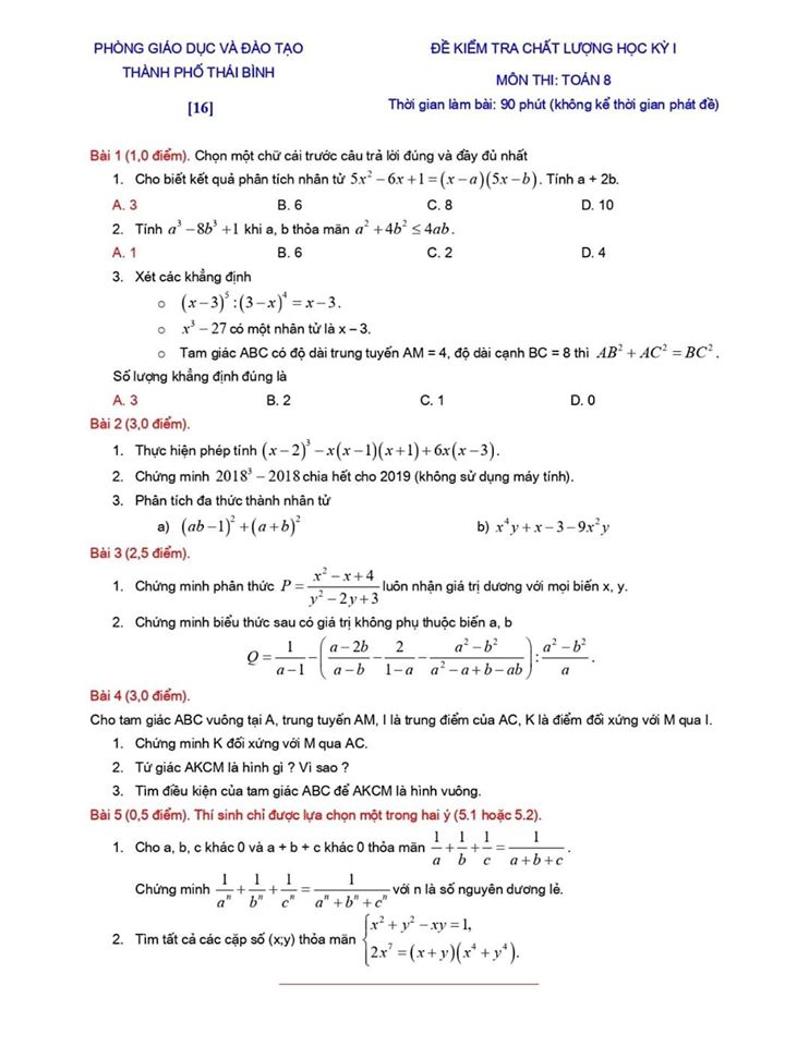Đề kiểm tra chất lượng HK1 môn Toán 8 TP Thái Bình 2019-2020-14