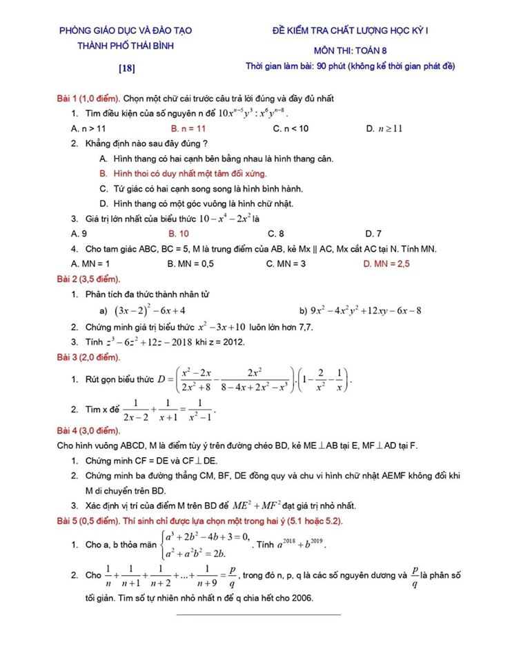Đề kiểm tra chất lượng HK1 môn Toán 8 TP Thái Bình 2019-2020-17
