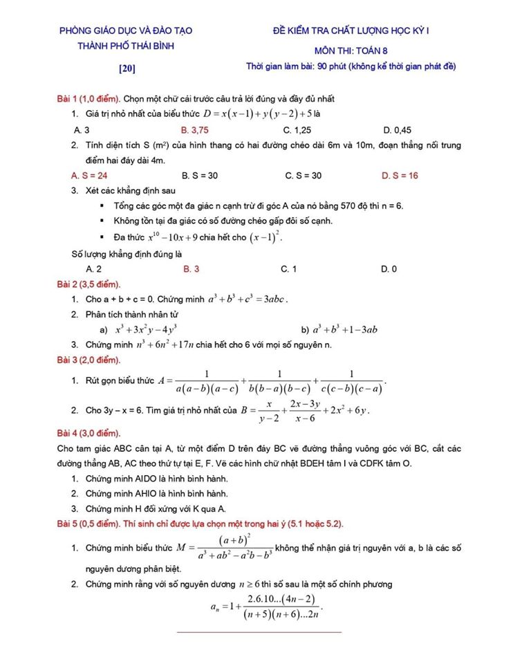 Đề kiểm tra chất lượng HK1 môn Toán 8 TP Thái Bình 2019-2020-19