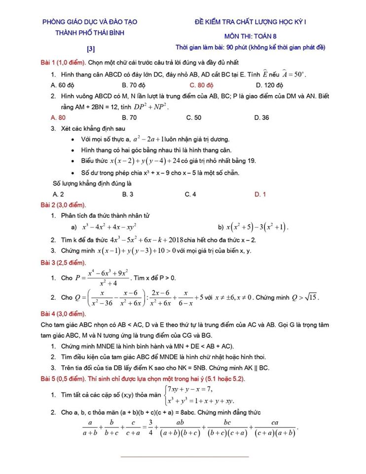 Đề kiểm tra chất lượng HK1 môn Toán 8 TP Thái Bình 2019-2020-2