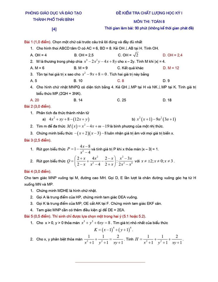 Đề kiểm tra chất lượng HK1 môn Toán 8 TP Thái Bình 2019-2020-3
