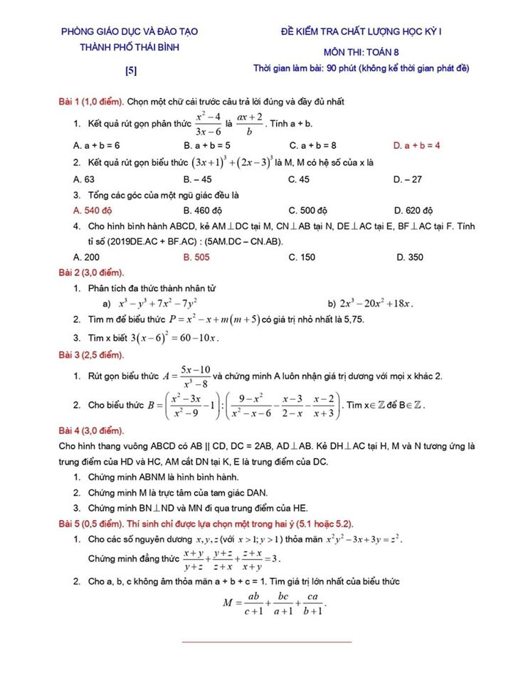 Đề kiểm tra chất lượng HK1 môn Toán 8 TP Thái Bình 2019-2020-4