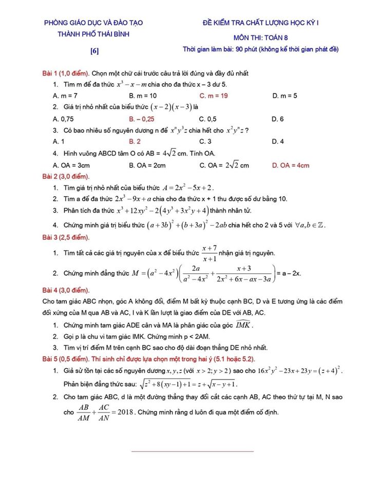 Đề kiểm tra chất lượng HK1 môn Toán 8 TP Thái Bình 2019-2020-5