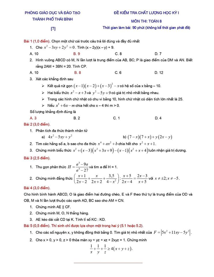 Đề kiểm tra chất lượng HK1 môn Toán 8 TP Thái Bình 2019-2020-6