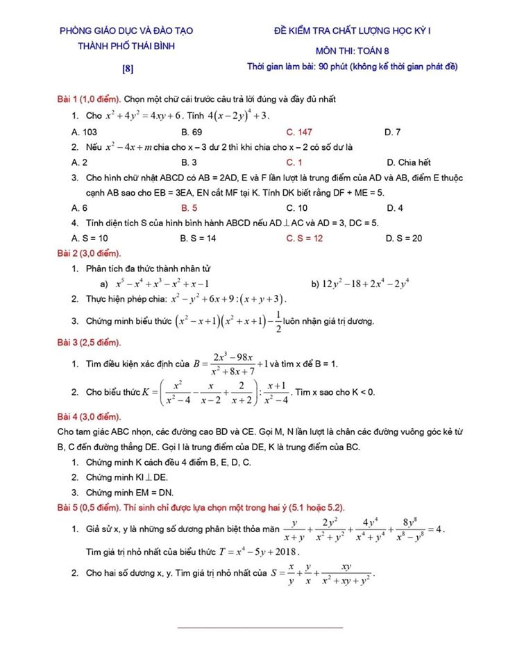 Đề kiểm tra chất lượng HK1 môn Toán 8 TP Thái Bình 2019-2020-7