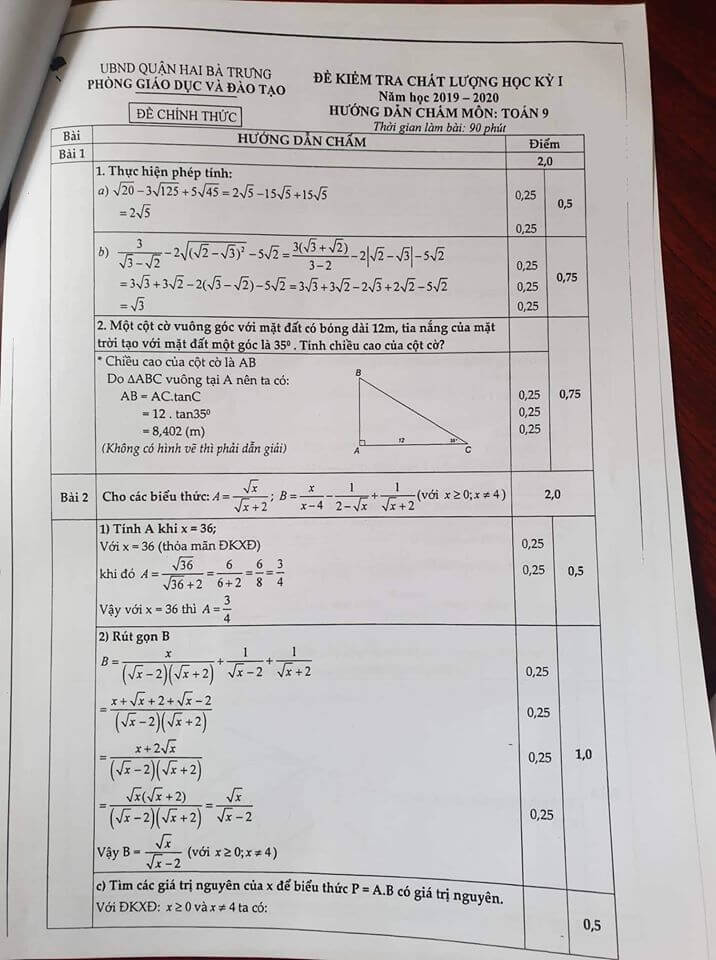 Đề kiểm tra chất lượng HK1 môn Toán 9 quận Hai Bà Trưng 2019-2020-1