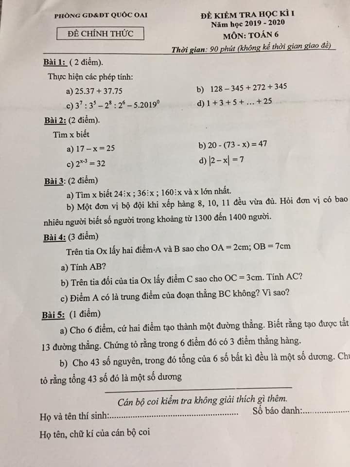 Đề kiểm tra HK1 môn Toán 6 huyện Quốc Oai 2019-2020