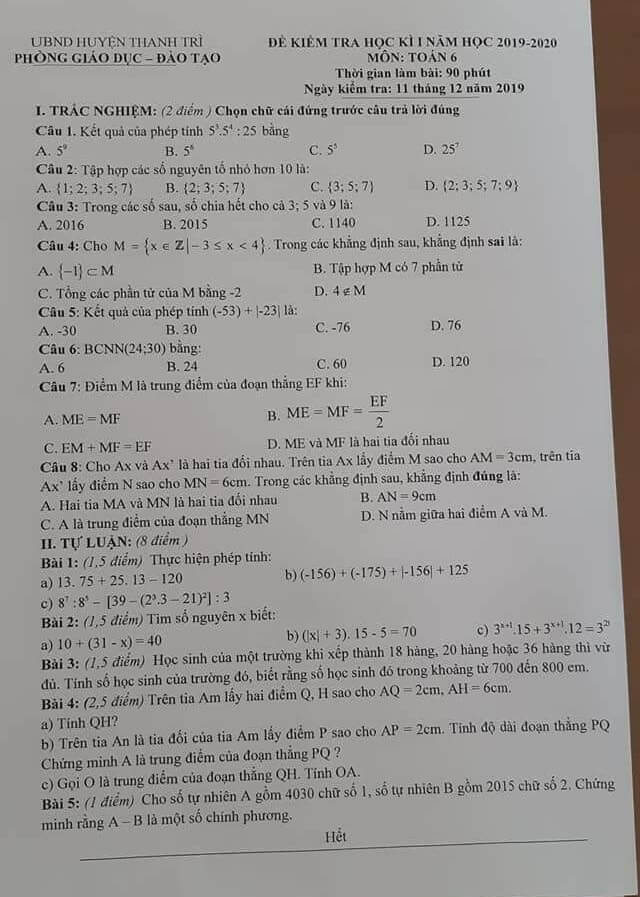 Đề kiểm tra HK1 môn Toán 6 huyện Thanh Trì 2019-2020