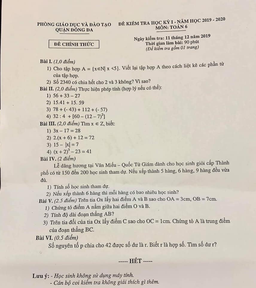 Đề kiểm tra HK1 môn Toán 6 quận Đống Đa 2019-2020