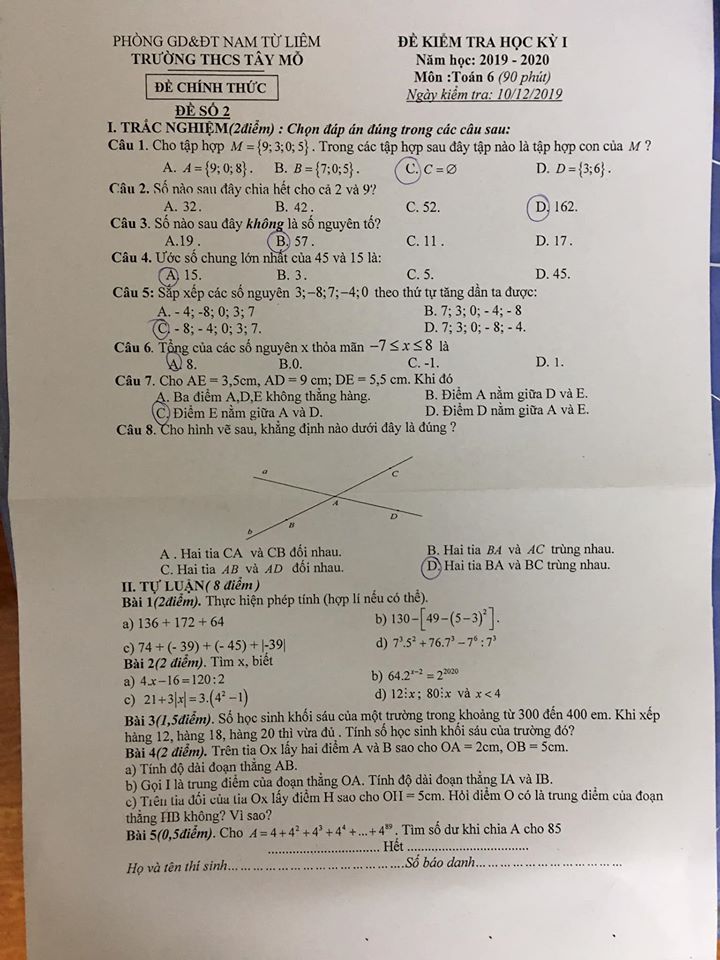 Đề kiểm tra HK1 môn Toán 6 THCS Tây Mỗ 2019-2020