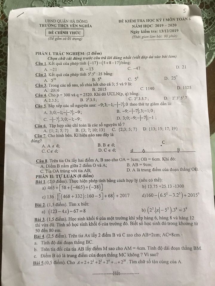 Đề kiểm tra HK1 môn Toán 6 THCS Yên Nghĩa 2019-2020