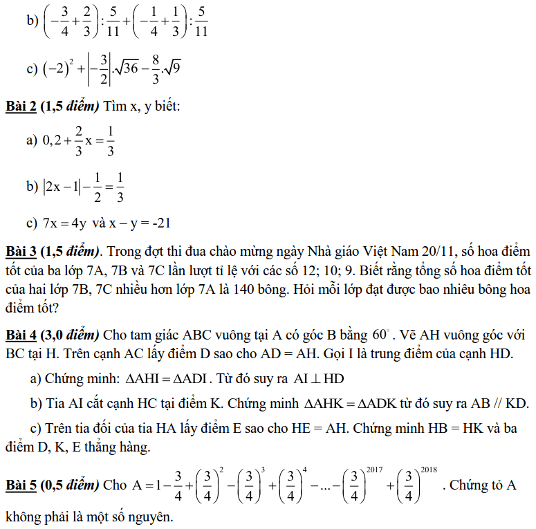 Đề kiểm tra HK1 môn Toán 7 huyện Thạch Thất 2018-2019-1