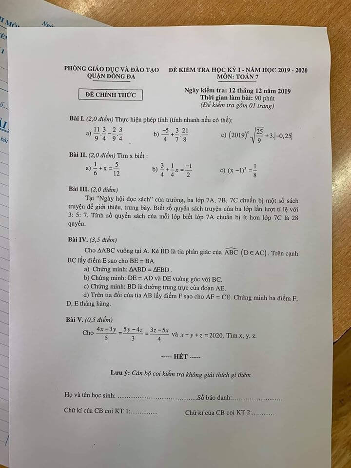 Đề kiểm tra HK1 môn Toán 7 quận Đống Đa 2019-2020