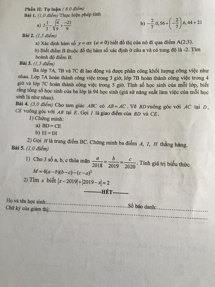 Đề kiểm tra HK1 môn Toán 7 tỉnh Nam Định năm 2019-2020-1
