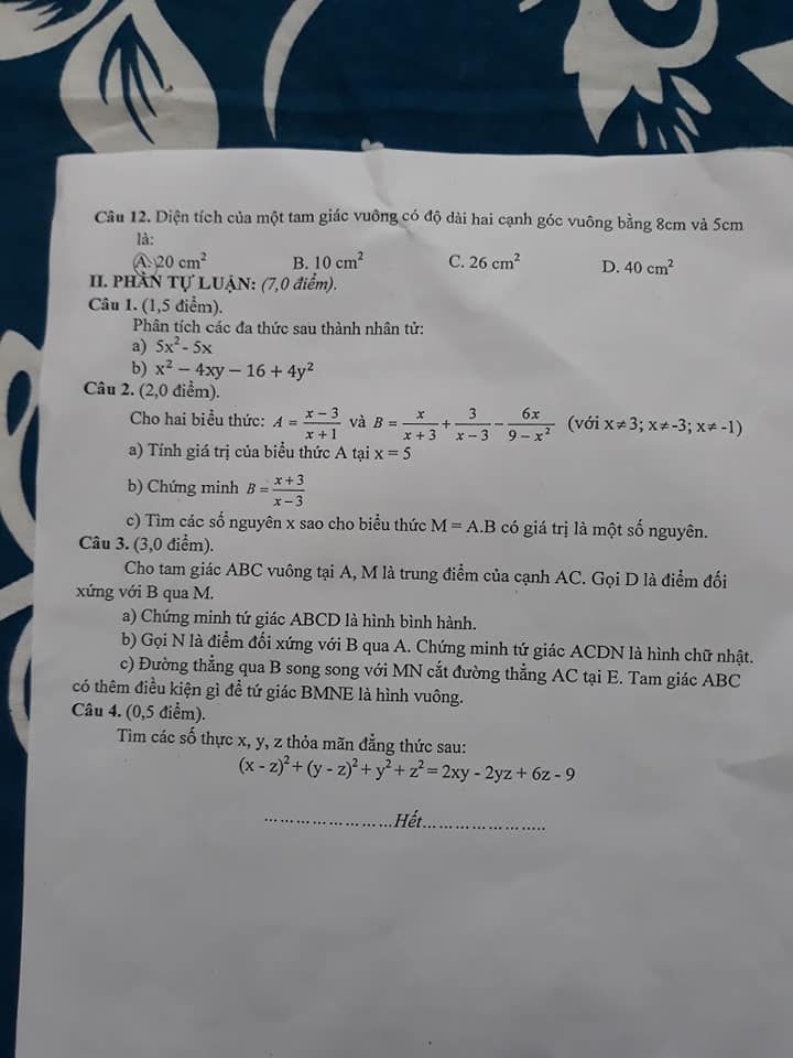 Đề kiểm tra HK1 môn Toán 8 THCS Hương Sơn 2019-2020-1