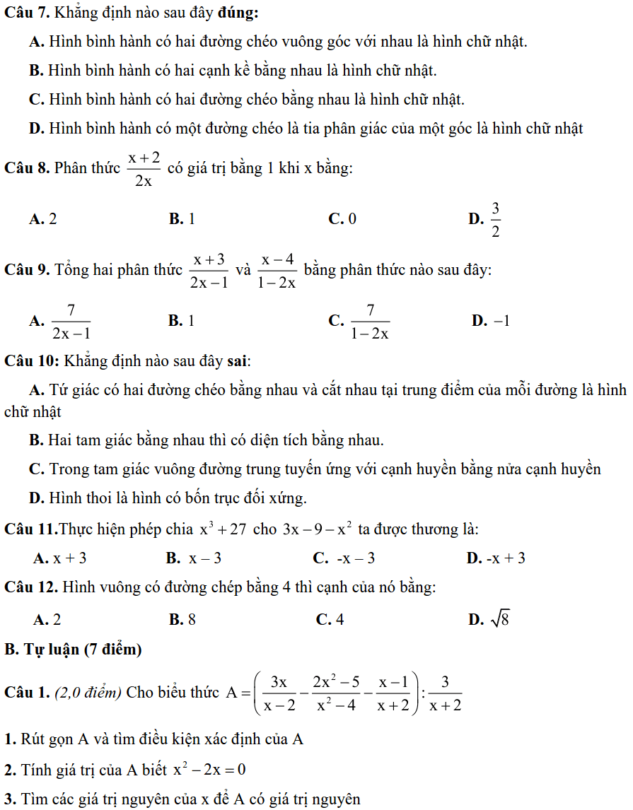 Đề kiểm tra HK1 môn Toán 8 THCS Nguyễn Tất Thành 2019-2020-1