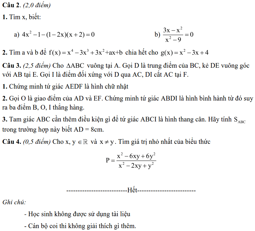 Đề kiểm tra HK1 môn Toán 8 THCS Nguyễn Tất Thành 2019-2020-2